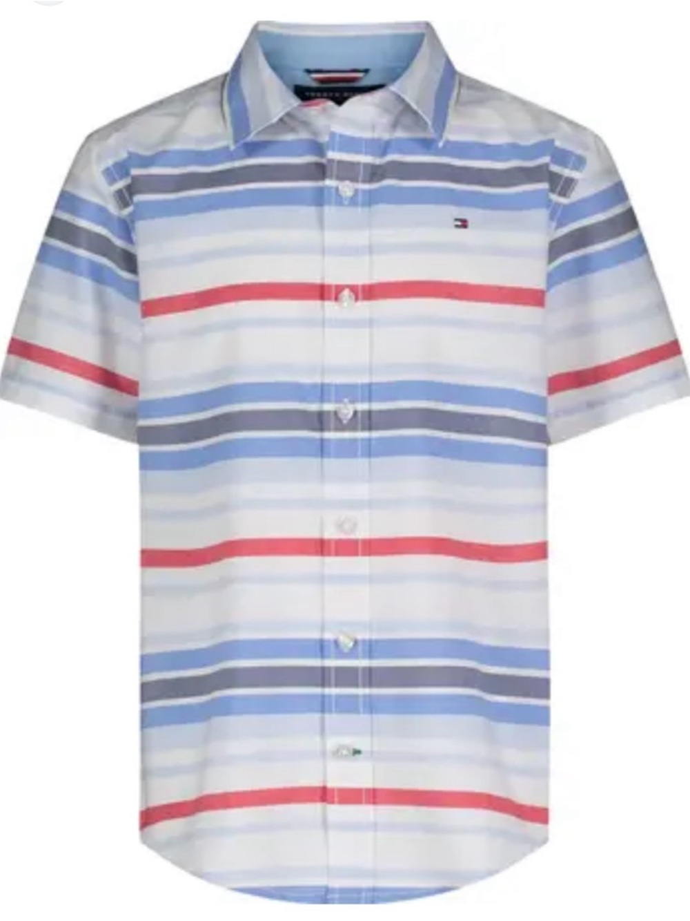Tommy Hilfiger Blue and White Striped Button-Up Shirt with Red Accent